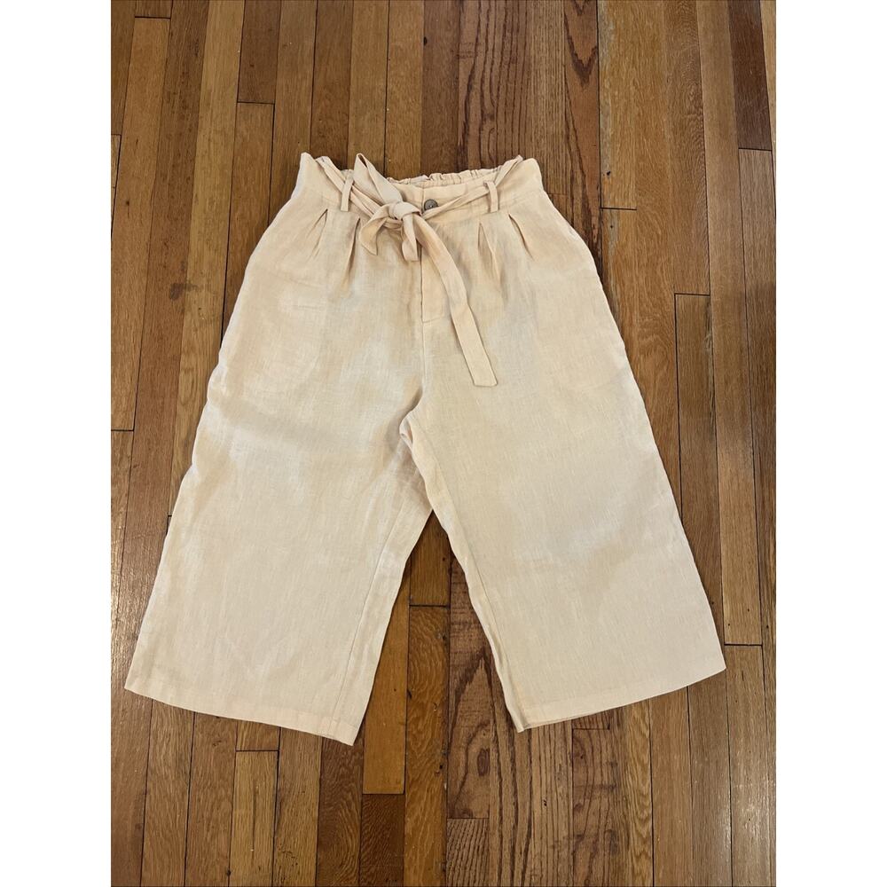 Grae Cove L 100 % LINEN Wide Leg Crop Elastic Waist Pants Pockets Boho Yellow